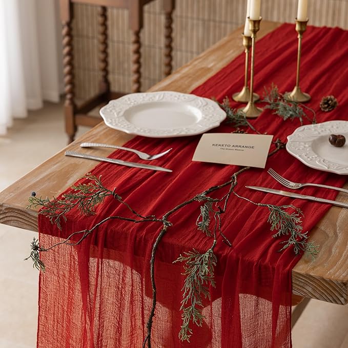 Keketoarrange 10pcs Red Cheesecloth Table Runner Cheese Cloth Rustic Gauze Table Runner 120 Inch 10 FT for Wedding Baby Bridal Shower Sheer Boho Holiday Spring Home Decorations