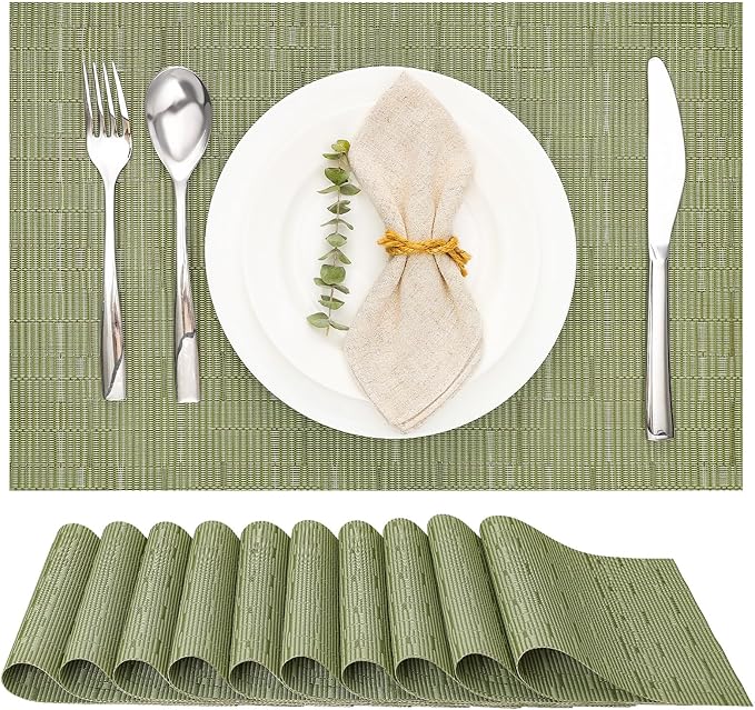 Myir JUN Placemats Set of 10, Vinyl Woven Placemats Place Mats Indoor Set of 10 Washable Table Mats Non-Slip Place mats for Dining Table (Green)