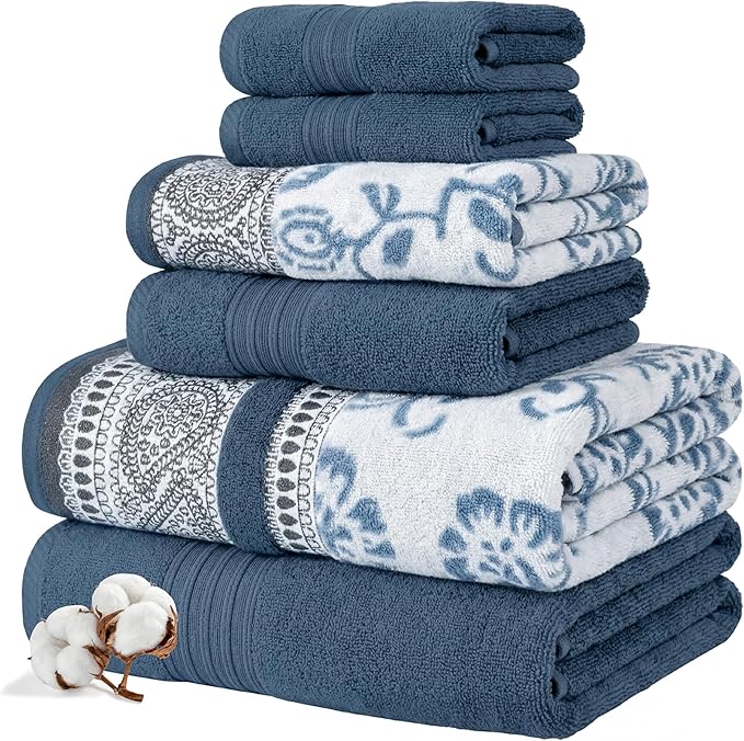 Modern Threads Floral Trail 6-Piece 100% Cotton Towel Set – Reversible Yarn Dyed Jacquard - Includes 2 Bath Towels, 2 Hand Towels, 2 Washcloths – Absorbent, Quick Dry, Soft & Durable – Navy