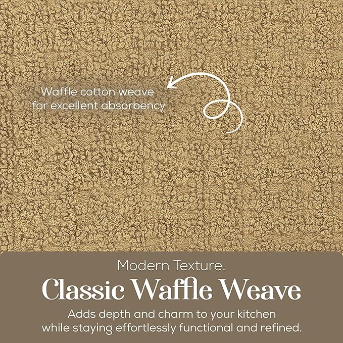 MosJos Kitchen Towels, Set of 4 Hand Towels Cotton Waffle Weave Taupe and White Dish Cloths 18 x 28 Super Absorbent and Striped Design