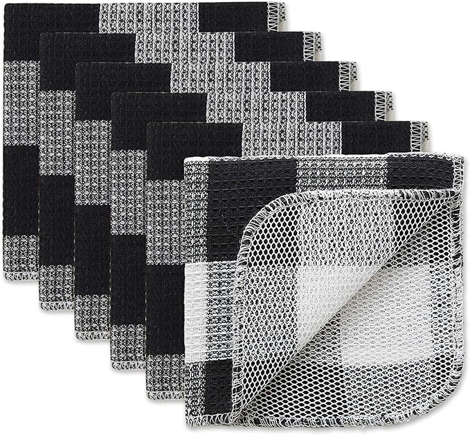 DII Scrubber Dishcloths Collection Windowpane Dishrag Set, 12x12, Black Buffalo Check, 6 Piece