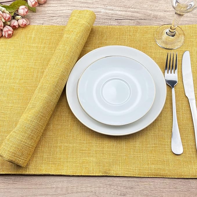 Weabetfu Cloth Placemats Set of 6 Heat Resistant Dining Table Placemmats Cotton Linen Machine Washable Kitchen Table Mats Wrinkle Free Thick Fabric Place Mat,Easy to Clean,13"x19" Yellow