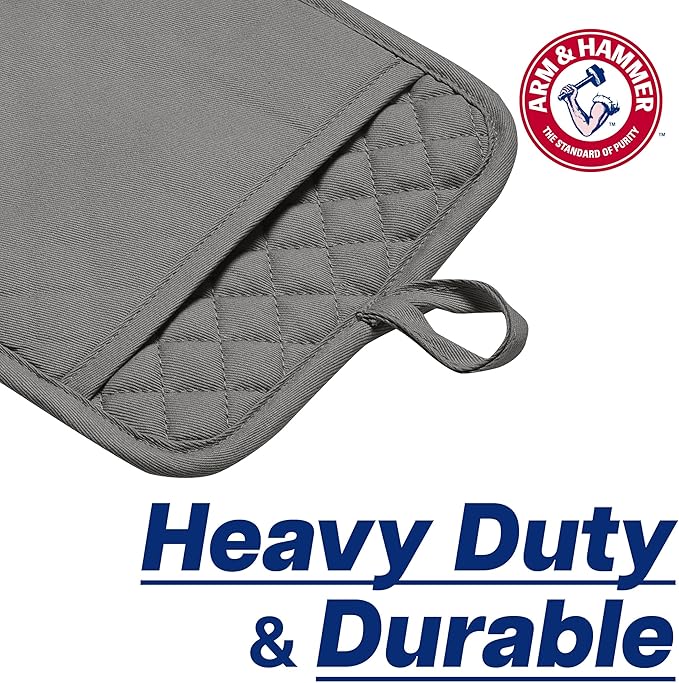 Arm & Hammer Quilted Pot Holders, Heat Resistant, Non-Slip Silicone Grip, 2 Pack, Grey