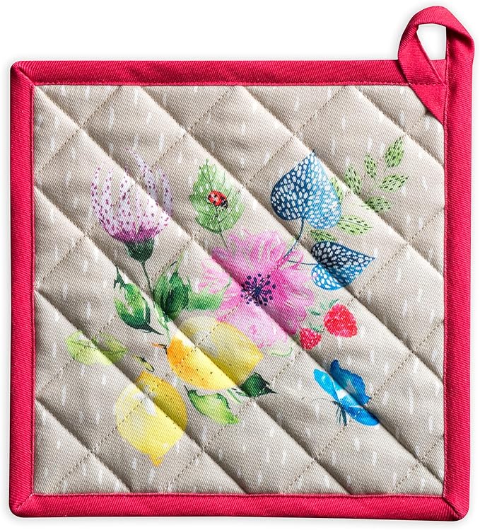 Maison d' Hermine Pot Holders 100% Cotton Heat Resistant Potholders 8" x 8" Hot Pads with Loop BBQ Baking Gifts for Mothers Day Handling Hot Pans Spring/Summer (Pack of 1, Jardin D'Ete - Fog)