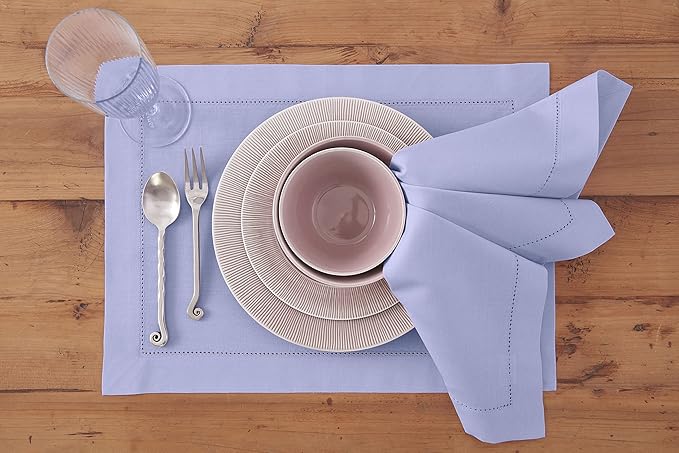 Solino Home Light Blue Napkins Set of 4 - Cotton Linen Hemstitch Dinner Napkins Cloth 20 x 20 Inch for Spring, Summer, Mothers Day - Handcrafted and Machine Washable