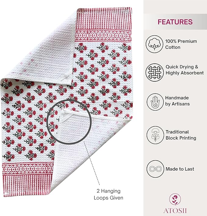 ATOSII 100% Cotton Hand Block Print Waffle Kitchen Towel, Set of 3, 18 x 26 Inches Ultra Absorbent Quick Dry Dish Towels, Reusable Sustainable Tea Towels for Cleaning and Drying, Gulbahar Pink