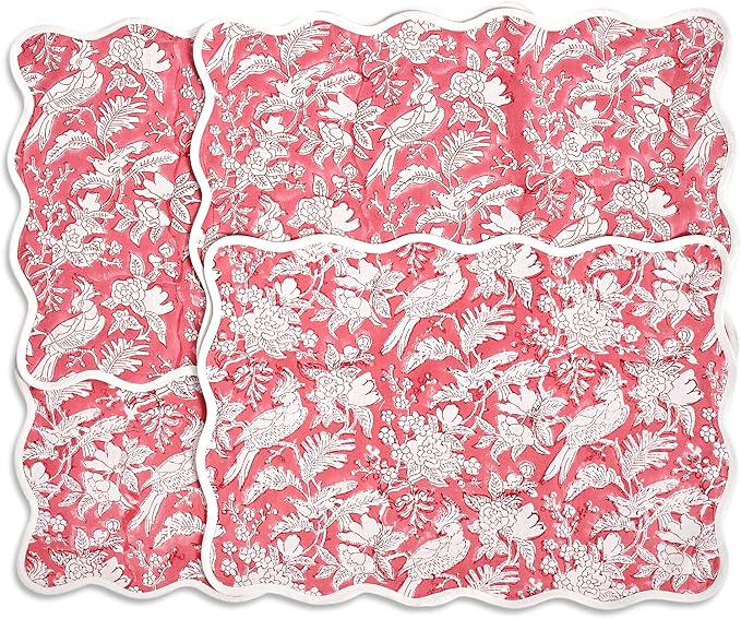 CPC Cotton Placemats Pink Coral Set of 4-Hand Block Printed Reversible Placemats, Flower Scalloped & Embroidered Cloth Table Mats - 14 x 20 inch Gift for Spring, Mother's Day