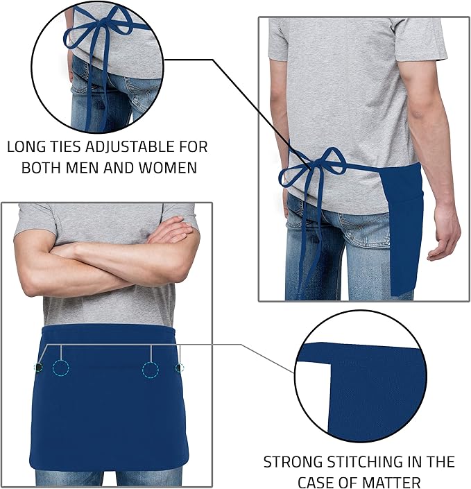 Utopia Wear 12 Pack Server Aprons with 3 Pockets, Waiter and Waitress Waist Aprons for Women with Pockets, Men Short Aprons
