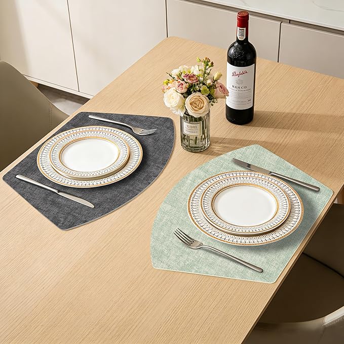 Round Table Placemats Set of 6, Dual-Sided Wedge Shape Faux Leather Table Mats, Washable Wipeable Heat Resistant Place Mats for Outdoor Indoor, Green Gray