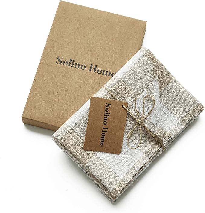 Solino Home Linen Kitchen Towels Set of 2 - Natural and White 16.5 x 26.5 Inch - 100% Pure Linen Buffalo Check Kitchen/Tea Towels - Handcrafted and Machine Washable