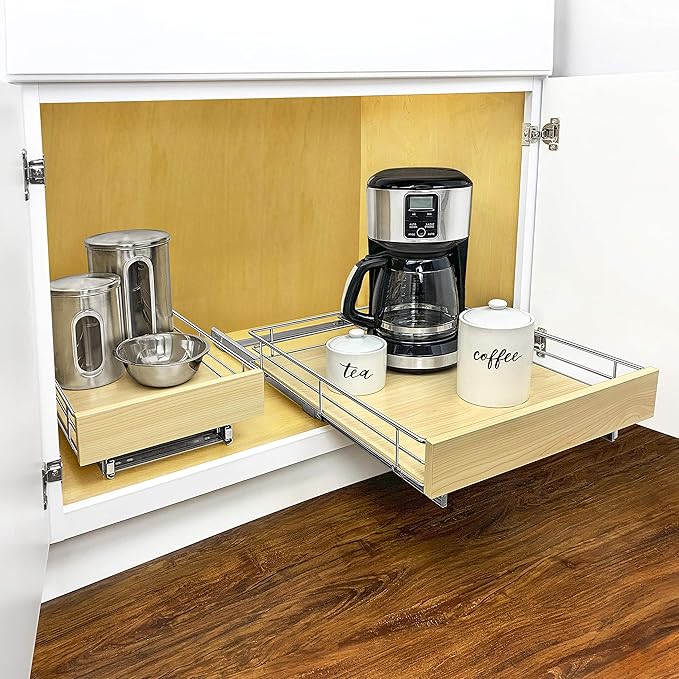 LYNK PROFESSIONAL® SELECT™ Pull Out Cabinet Organizer, 11" x 21" Slide Out Drawers for Kitchen Cabinets - Sliding Pull-Out Pantry Shelves – Home Shelf Organizers - Lifetime Ltd. Warranty, Wood Chrome