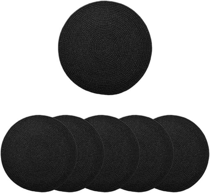 Encasa XO Dining Placemats Set of 6 | Cotton Round Table Mat - 13 in Diameter | Black | Handmade Rib Style Chargers for Dinner Plates