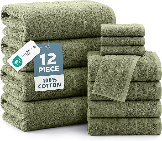 Casa Platino 100% Luxury Bath Towel Pack of 12 - Softer, High Absorbency & Durable - 4 Bath, 4 Wash Cloth, 4 Hand Towels for Bathroom - Premium Look, Spa Quality, Solid Dyed Towels - Oil Green