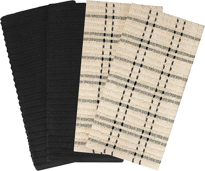 Ritz Royale Collection 100% Combed Terry Cotton, Highly Absorbent, Kitchen Towel Set, 13-3/4" x 12", 4-Pack, Solid & Checked, Black