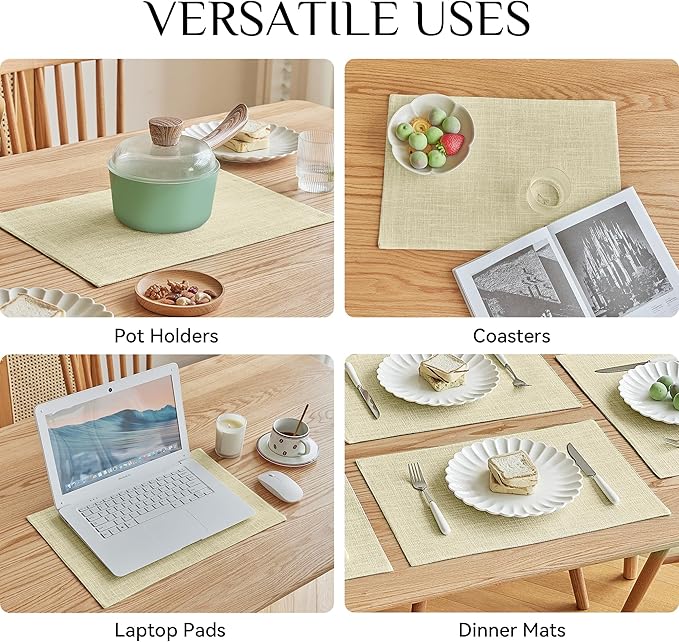Softalker Faux Linen Placemats Set of 6-12 x 18 Inch, Heat Resistant Double Layered Durable Burlap Farmhouse Place Mats, Non-Slip Washable Rustic Table Mats for Dining, Kitchen, Party（Light Linen