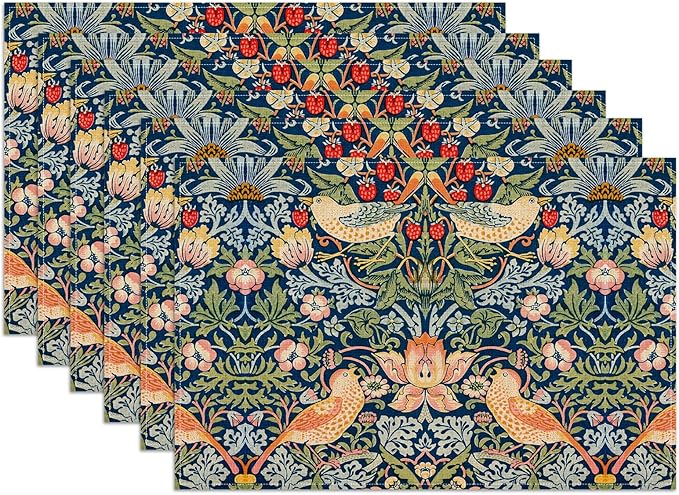 Strawberry Thief William Morris Placemats Set of 6, Floral Bird Washable Linen Place Mat Heat Resistant Non Slip Kitchen Dining Table Mats 12x18 Inch