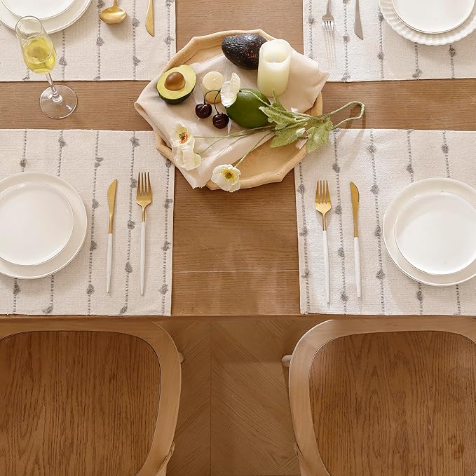 Boho Placemats 13 x 19 Inch Set of 4 for Dining Table Decor Woven Cloth Place Mats for Farmhouse Rustic Kitche Spring Home Decor Cotton Placemats Gray and Beige Table Mats