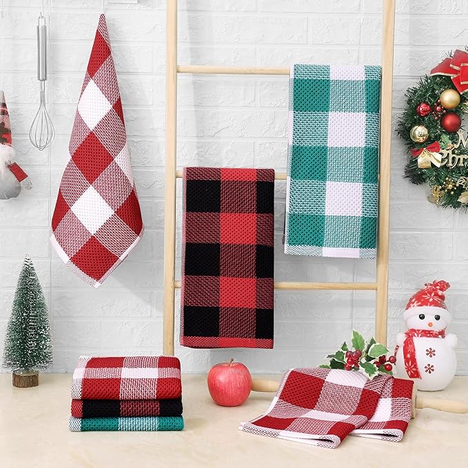 Homaxy 100% Cotton Waffle Weave Check Plaid Kitchen Towels, 13 x 28 Inches, Super Soft and Absorbent Dish Towels for Drying Dishes, 4-Pack, Black & Red