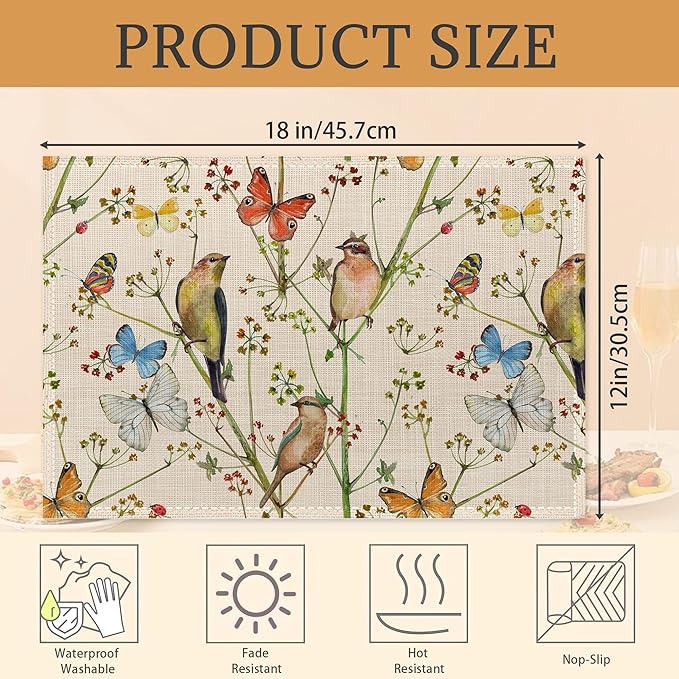 Placemats Set of 6, Vintage Nature with Birds and Butterflies Linen Place Mats,Modern Washable Table Placemats 12"x18" Heat Resistant Table Mats for Dining Kitchen Party Holiday Decoration
