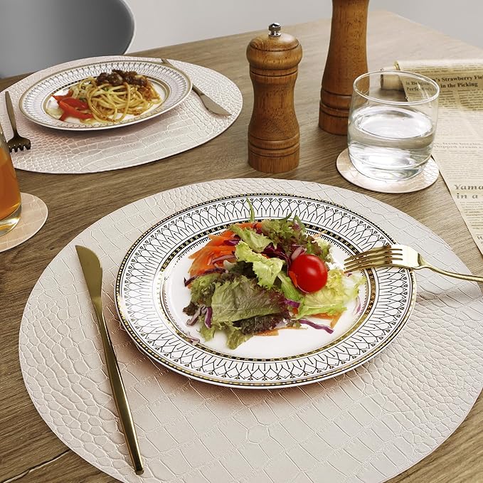 Jovono Round Leather Placemats for Round Tables Set of 4, White Place Mats and Coasters, Wipeable Waterproof Heat Resistant Table Mats Easy to Care for Indoor Decor 13 inch Diameter