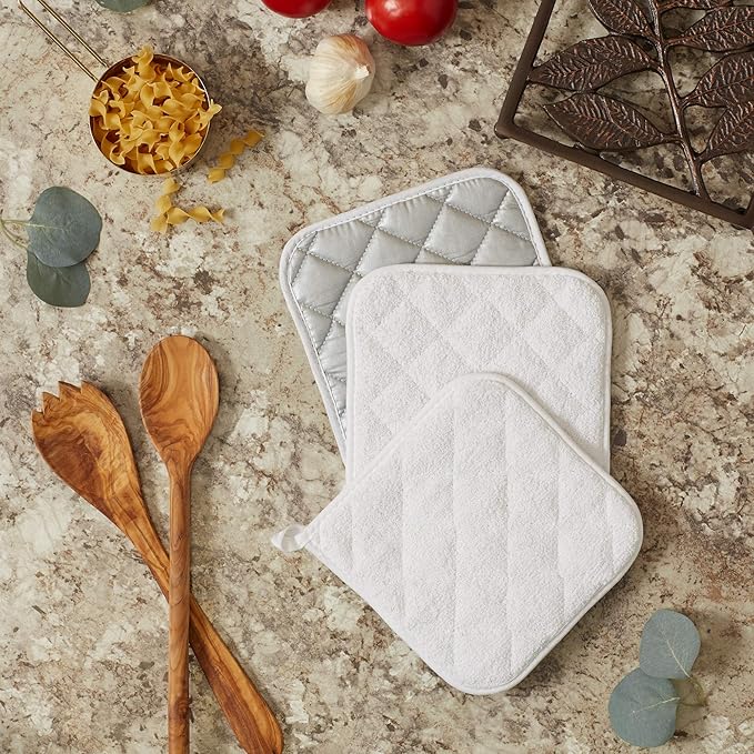 DII Basic Terry Collection Quilted 100% Cotton, Potholder, White, 3 Piece