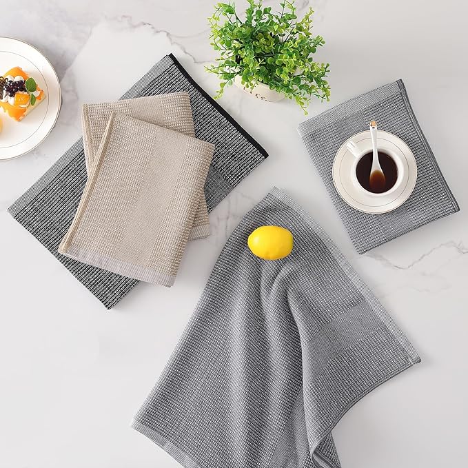 Mordimy Premium Kitchen Towels 6 Pack (18 x 28 Inches, Grey/Khaki/Black), Large Cotton Flat & Terry Kitchen Hand Towel, Super Absorbent Tea Dishtowels Set with Hanging Loop