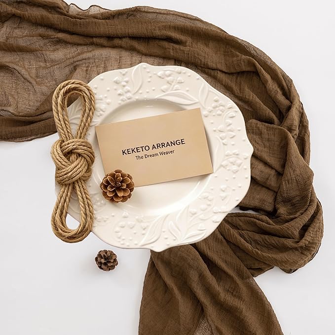 Keketoarrange 3pcs Coffee Gauze Rustic Cheesecloth Table Runner 120 Inch 10 FT for Wedding Baby Shower Bridal Shower Birthday Engagement Garden Outdoor Party Long Sheer Boho Decorations
