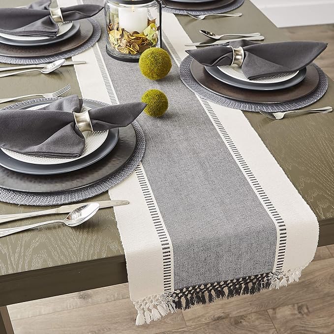 DII Dobby Stripe Woven Table Runner, 13x72 (13x77.5, Fringe Included), Mineral Gray