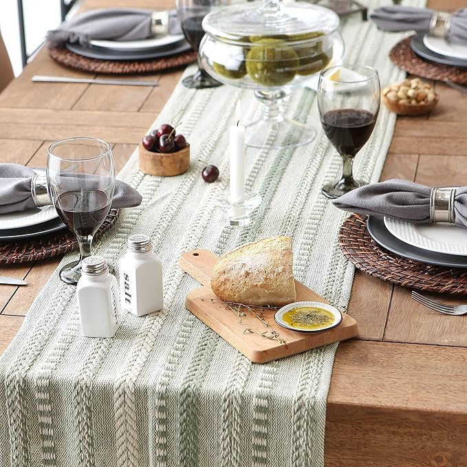 DII Farmhouse Braided Stripe Table Runner Collection, 15x108 (15x113, Fringe Included), Artichoke Green