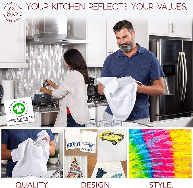 HONEST WEAVE GOTS Certified 100% Organic Flour Sack Cotton Kitchen Hand and Dish Towel Sets - Extra Large 27x27 inches, Fully Hemmed, 12-Pack, Natural Tan