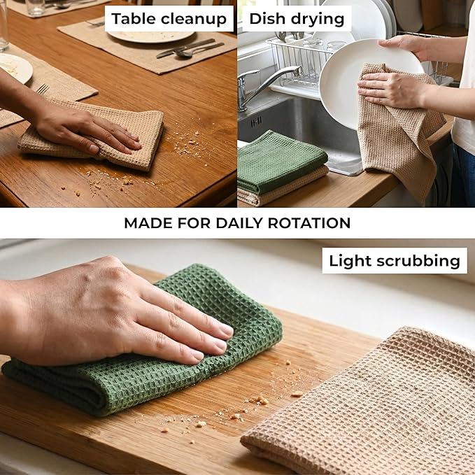 Highly Absorbent Cotton Dish Towels for Drying - Set of 3+3 - Sage Green + Beige Kitchen Towels - 18"X28" Lint Free Waffle Weave Cloth Linen Hand Bathroom Bulk Dishtowels