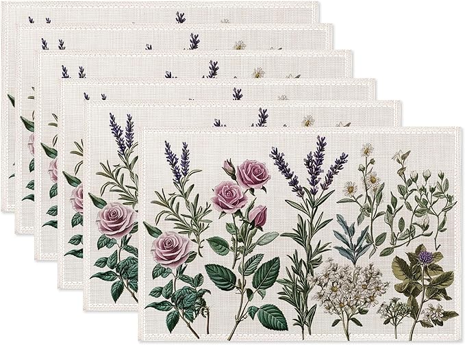 Vintage Flower Placemats Set of 6,Herb Plants Dinner Table Mats Non-Slip Washable Mats for Kitchen Dinner Party Tablemat 12x18Inch
