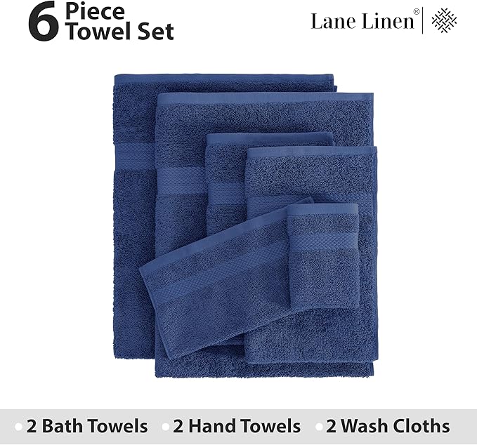 LANE LINEN Luxury Cotton Bath Towel Set - 6 Piece - Low Twist, Soft & High Absorbency - 2 Bath, 2 Wash cloths, 2 Hand Towels - Classic Hotel Quality, Durable & Ideal for Modern Bathrooms - Navy Blue