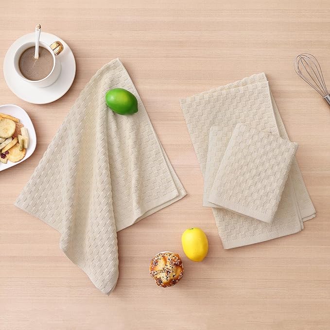 Homaxy 100% Cotton Kitchen Towels and Dishcloths Set, 12 x 12 & 15 x 25 Inches, Set of 8 Bulk Terry Cloth Dish Towels, Super Soft and Absorbent Hand Towel with Hanging Loop, Beige