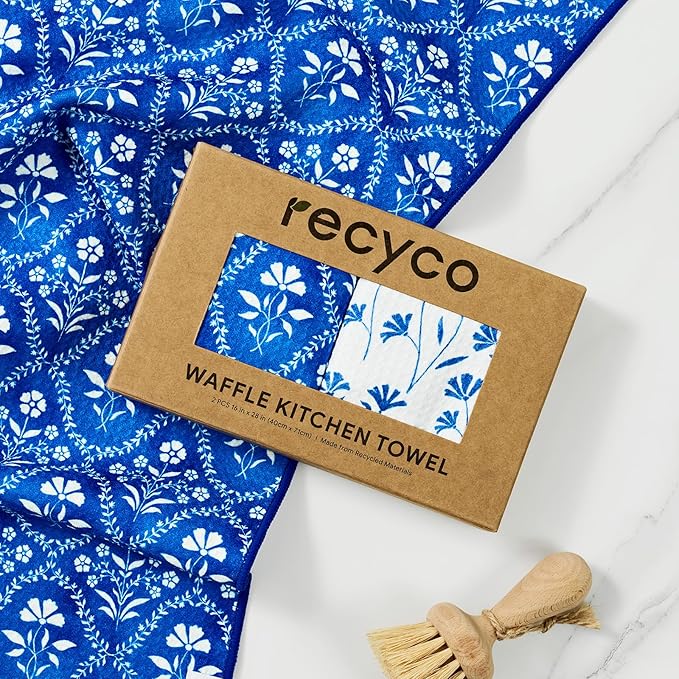 RECYCO Waffle Kitchen Towel Set of 2 - Quick Dry Microfiber Sustainable Dish Towels - Ultra Absorbent Reusable Cleaning Tea Towels - Lightweight Hand Towels,16”x 28”, Coastal Bliss