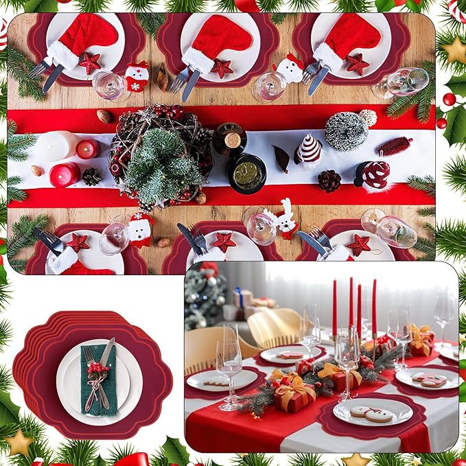 Breling 6 Pcs Wedding Placemats Scalloped Embroidered Cotton Linen Placemats 17" x 13" Double Layered Machine Washable Table Place Mat for Party Table Decor (Wine Red)