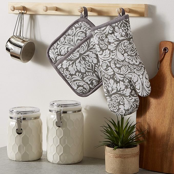 DII Quilted Kitchen Oven Mitt & Potholder Set, Hanging Loop for Convenient Storage, OM 6.5x12/PH 8x8.5, Gray Damask Print, 2 Piece