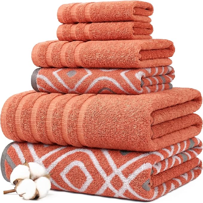 Modern Threads Classic Diamond 6-Piece 100% Cotton Towel Set – Yarn Dyed Jacquard – Includes 2 Bath Towels, 2 Hand Towels, 2 Washcloths – Absorbent, Quick Dry, Soft & Durable – Rust Orange