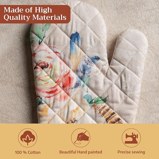 Maison d'Hermine Oven Gloves 100% Cotton Oven Mitt 7" x 13" with Loop Heat Resistant BBQ Cooking Gloves Baking Grilling Gifts for Mothers Day Spring/Summer (Pack of 1, Ibiza - Beige)