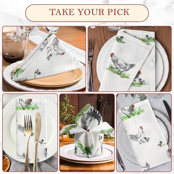 Vintage Vista Cotton Cloth Napkins Set of 4 (17" x 17") - Digital Printed Table Napkins Cloth Washable & Reusable for Everyday Use & Easter - (Green Chicken)
