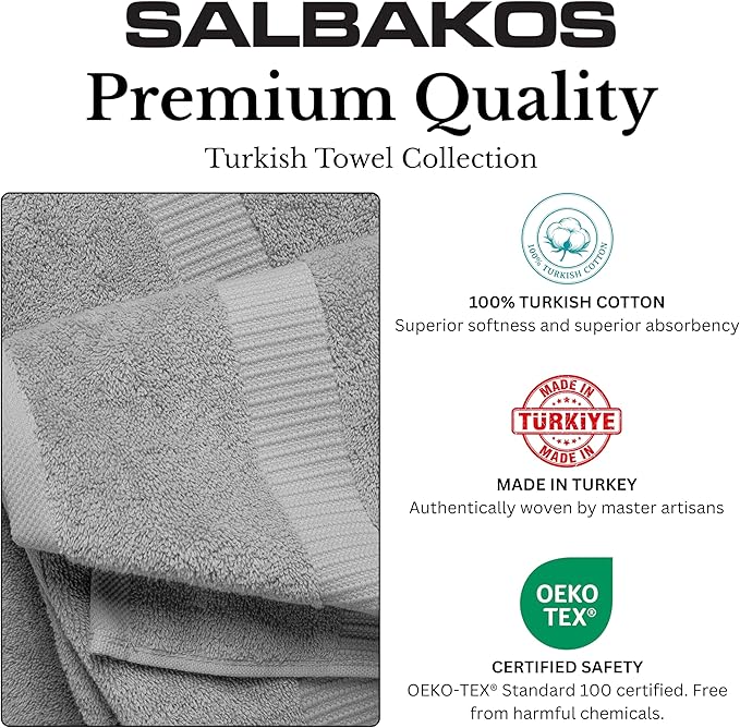 SALBAKOS 100% Turkish Cotton Washcloth Set of 12, 13x13 inch | Premium Quality | Hotel & Spa Collection | Ultra Soft, Super Absorbent, Wash Cloth Towels | Made in Turkey (Silver 12 Pcs Washcloth)