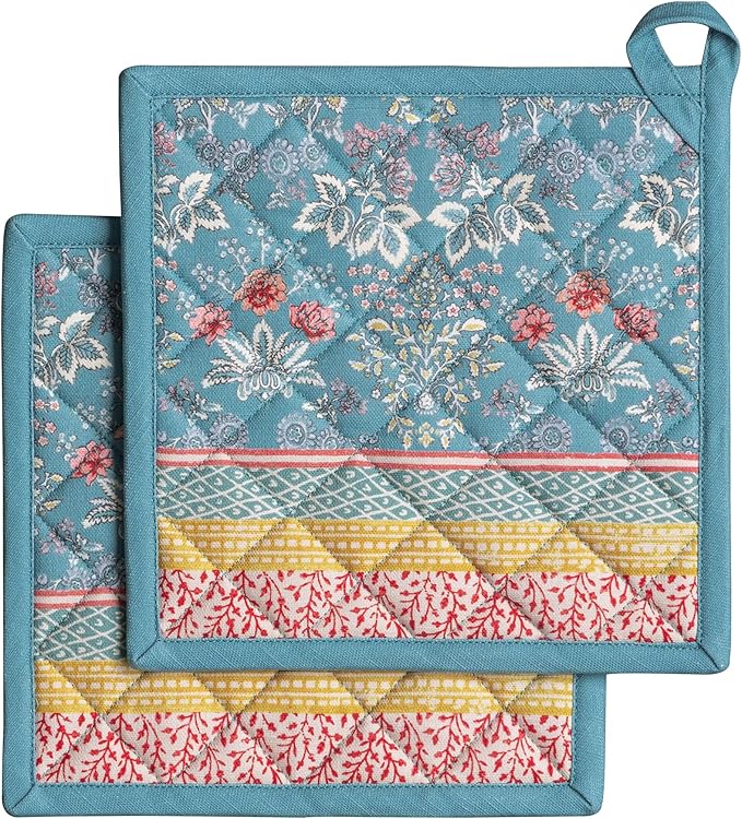 Maison d' Hermine Pot Holders 100% Cotton Heat Resistant Potholders 8" x 8" Hot Pads with Loop BBQ Cooking Baking Gifts for Mothers Day Handling Hot Pans Spring/Summer (Pack of 2, Marquise)