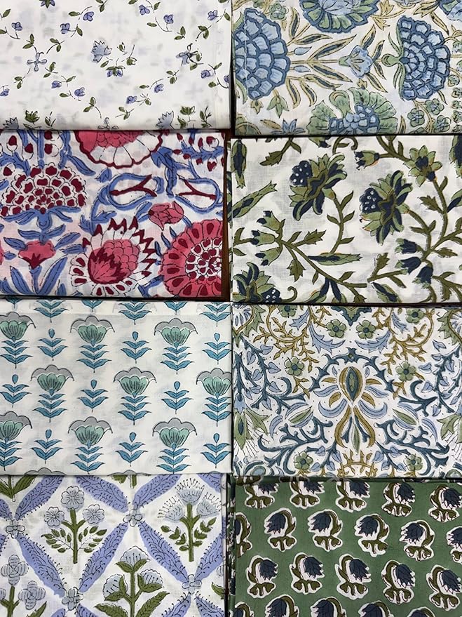Napkins, Kitchen Towels, Table Decor, Table Linen, Cotton Cloth Border Napkins, Size 18"x 18", Hand Block Print Lunch, Dinner Napkins (Random Mix, Set of 8-18x18 Inch)
