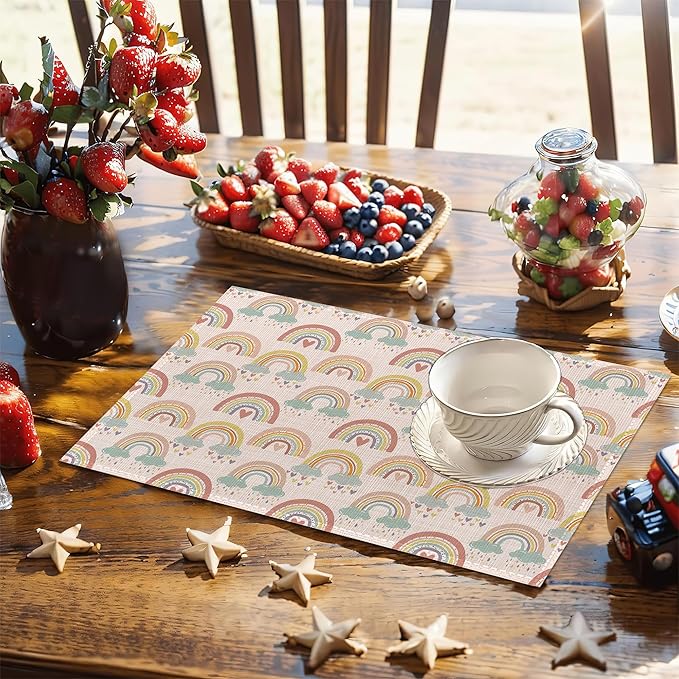 Rainbow Heart Placemats,Boho Whimsical Table Mats Set of 6,12x18 Inch,Waterproof Oil-Proof Washable and Reusable Linen placemats Holiday Party Kitchen Table Decorations