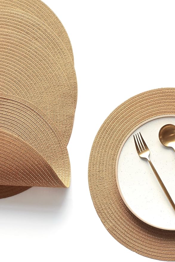 Floroom 15 Inch Round Braided Placemats Set of 4, Washable Heat Resistant Cotton Polyester Circle Place Mats for Kitchen Dining Table - Brown