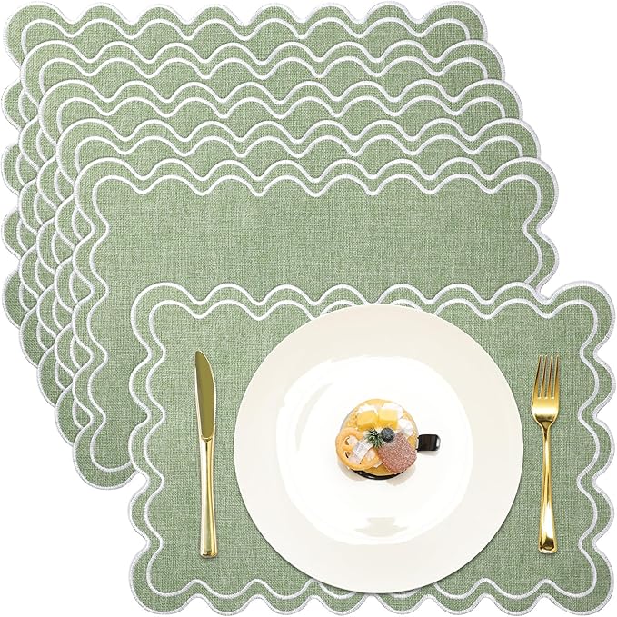 HunnmingRe Set of 6 Cotton Linen Placemats, 13x19 Inch Scalloped Wavy Embroidery Placemat Double Layered Washable Rustic Rectangle Dinner Table Mats for Wedding Home Decor(Sage Green with White)