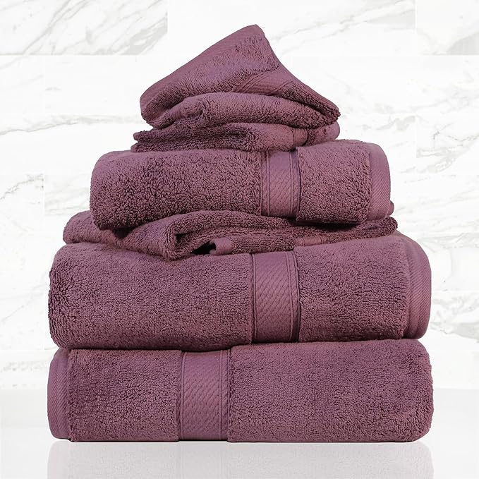 SUPERIOR Egyptian Cotton Pile 6 Piece Towel Set, Includes 2 Bath, 2 Hand, 2 Face Towels/Washcloths, Ultra Soft Luxury Towels, Thick Plush Essentials, Guest Bath, Spa, Hotel Bathroom, Plum