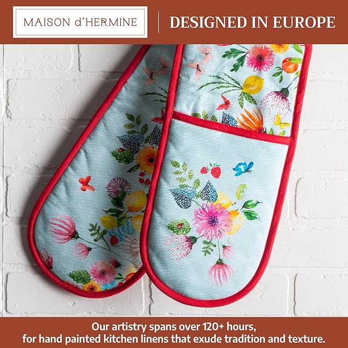 Maison d' Hermine Double Oven Mitts 100% Cotton 7"x35" Double Oven Mitt Heat Resistant BBQ Cooking Gloves with Loop Baking Grilling Gifts for Mothers Day Spring Summer (Jardin D'Ete - Mint)