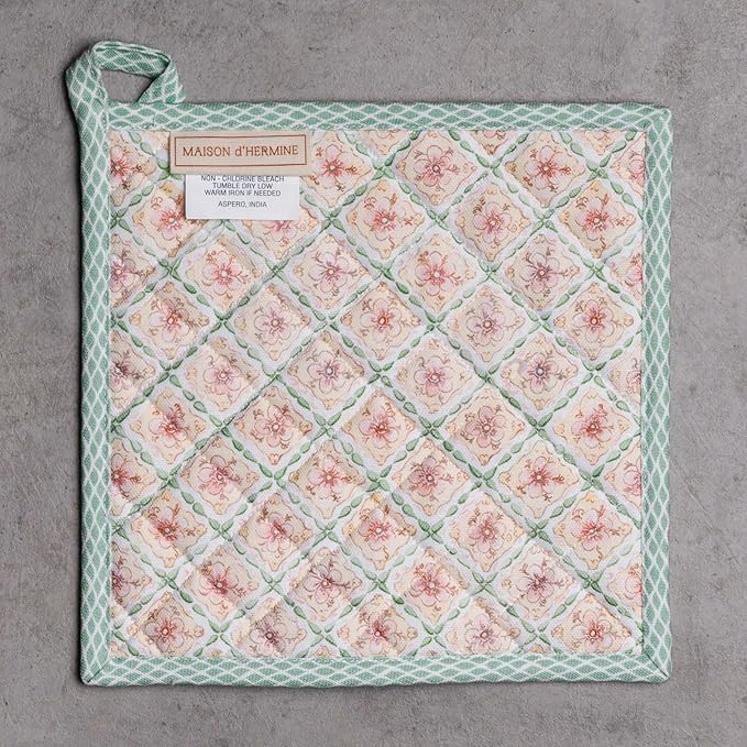Maison d' Hermine Pot Holders 100% Cotton Heat Resistant Potholders 8" x 8" Hot Pads with Loop BBQ Cooking Baking Gifts for Mothers Day Handling Hot Pans Spring/Summer (Pack of 1, Easter Dew)