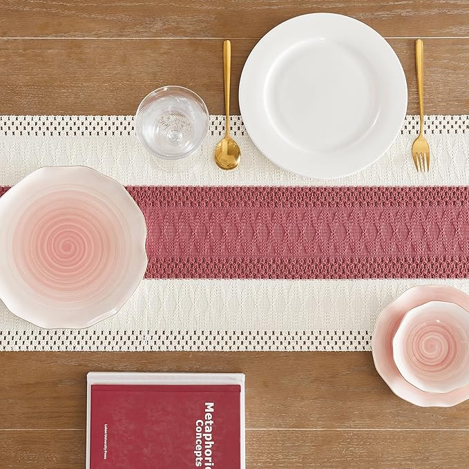 ZeeMart Macrame Style Bicolor Stitching Table Runner, 14 x 48 Inch Dusty Rose/Ivory, Boho Pink Table Runners 48 Inches Long, Farmhouse Woven Home Decor